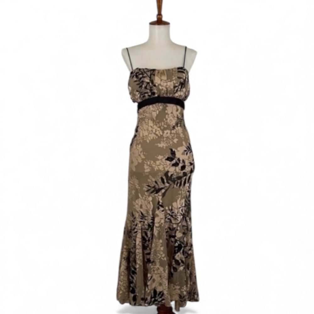 Vintage 90s Burnout Dress Women’s L Petite Nude‎ Black Sleeveless Midi Trumpet
